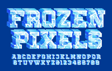 Fototapete - Frozen Pixels alphabet font. 3D ice letters and numbers. Stock vector 80s arcade video game typescript.
