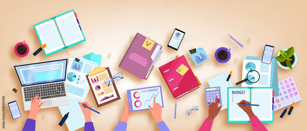 Financial audit and budget planning vector illustration with hands, table flat lay, laptop, smartphone, papers. Business analysis and project management concept. Budget teamwork planning background - obrazy, fototapety, plakaty 