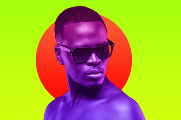 colorful portrait of african american man wearing sunglasses, isolated on neon green background