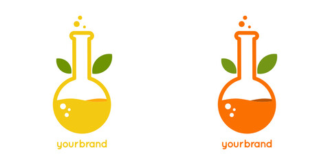 Wall Mural - Orange fruit juice logo design template with laboratory flask