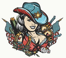 Cowboy Girl Pin Up Style. Sheriff Woman In Hat. Guns, Playing Cards And Money. Tattoo And T-shirt Design. Beautiful American Woman In National Clothes Of USA. Wild West Concept. Western Art