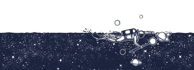 Wall Mural - Astronaut in deep space and universe. Diver floats in space, night sky background. Black and white surreal graphic