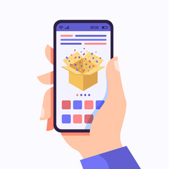 Poster - Hand holding smart phone. Gift box with confetti, winning prizes concept, online quiz or prize draw vector flat cartoon illustration