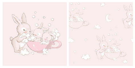 Seamless pattern with. Cute little hares with mom. Cute white baby bunnies take baths in a cup.