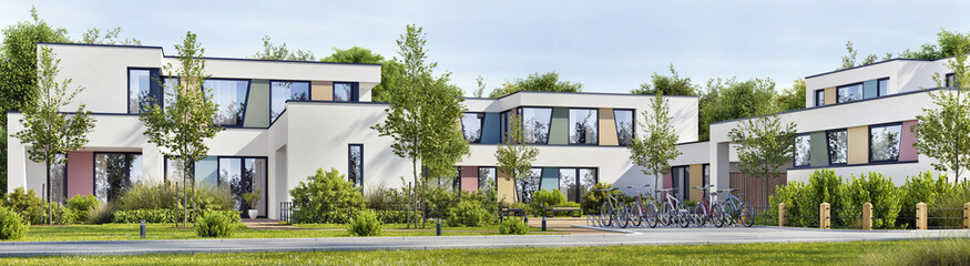 Modern school building exterior design or modern new office. Bicycle parking, lawn, trees and road