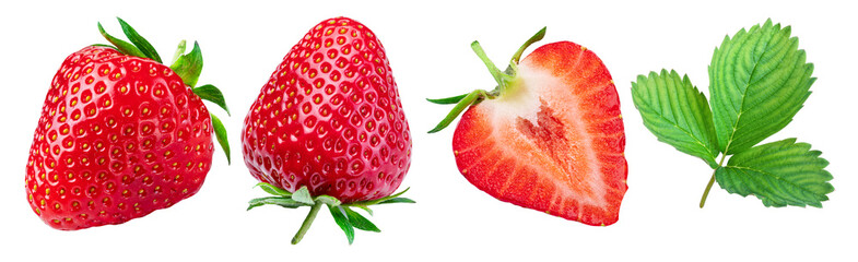 Wall Mural - Strawberry with strawberries leaves and slices isolated on a white background. Clipping path.