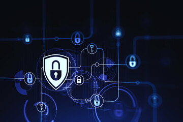 Modern cyber security interface over blue background. Concept of data protection. 3d rendering toned image double exposure