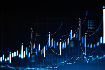 Wall Mural - immersive stock market and graph interface over dark blue background. concept of trading. 3d renderi