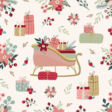 Merry Christmas Seamless Pattern In Traditional Colors With Vector Scandinavian Style Hand Drawn Christmas Sleigh,presents, Floral Bouquets. Repeated Christmas Background For Wrapping Paper, Fabric.