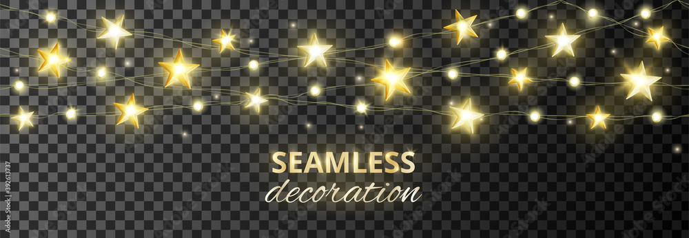 Seamless decoration with golden stars. Isolated glowing lights, vector illustration.Sparkling border, frame.Holiday background for Christmas, New year banners, wedding or birthday cards, party posters - obrazy, fototapety, plakaty 
