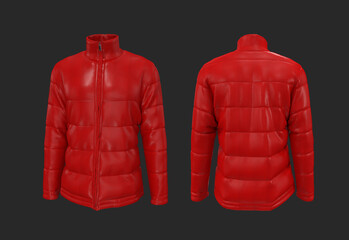 Men's warm sport puffer jacket isolated over grey background, jacket design presentation. 3d rendering, 3d illustration