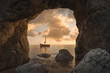 © Brilliant Eye - 3d rendering of cliff cave with the view to abandoned boat in the evening sunlight