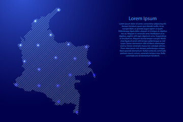 Fototapete - Colombia map from blue pattern slanted parallel lines and glowing space stars grid. Vector illustration.
