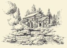 Watermill And River Idyllic Landscape Hand Drawing