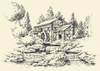 watermill and river idyllic landscape hand drawing