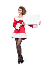 Happy Young Santa Woman Holding White Empty Banner, Isolated On White Background. 