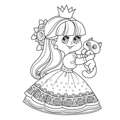 Sticker - Little princess in lush dress holds cute kitten in hands outlined for coloring book