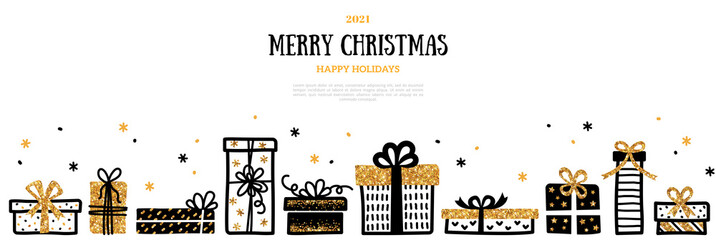 Wall Mural - Christmas and New Year 2021 horizontal banner, card with gold ornate gift boxes and confetti on white background. Vector illustration. Place for text. Party brochure template