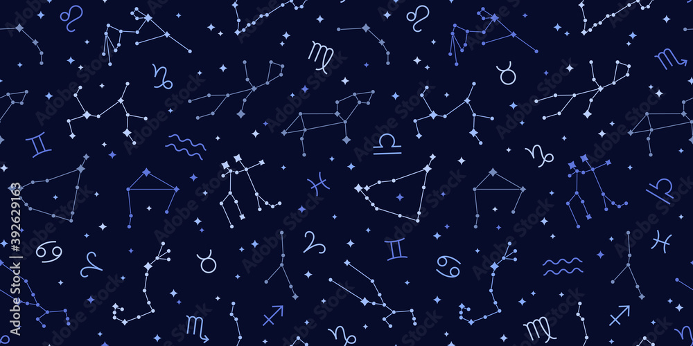 Seamless pattern of blue zodiac signs. Vector illustration. Capricorn, Aries, Leo astrological symbols. Connected glowing stars on night sky map background. Libra, Virgo, Gemini on space backdrop - obrazy, fototapety, plakaty 
