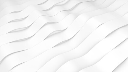Poster - White stripes waves surface. Deformed bands surface with soft light. Modern bright backdrop template in minimalistic style. 3D Render Illustration