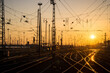 Frankfurt am Main, Germany - February 08 2020: Beautiful view of railway lines during sunset at central railway station in Frankfurt am Main, Germany.