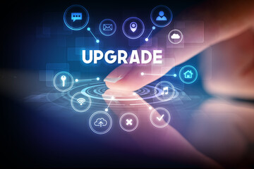 Poster - Finger touching tablet with web technology icons and UPGRADE inscription, web technology concept