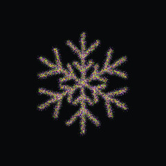 Poster - Glitter snowflake on black background for decorative design. Merry Christmas. Abstract glitter snowflake. Xmas celebration. Holiday texture. Template celebration. Christmas banner. Design element.
