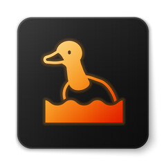 Sticker - Orange glowing neon Flying duck icon isolated on white background. Black square button. Vector.