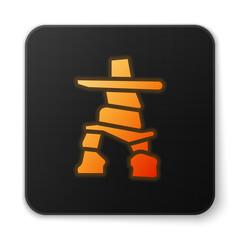 Sticker - Orange glowing neon Inukshuk icon isolated on white background. Black square button. Vector.