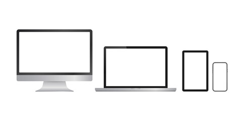 Canvas Print - Realistic computer laptop smartphone and tablet. Monitor screen display template. Vector stock illustration.