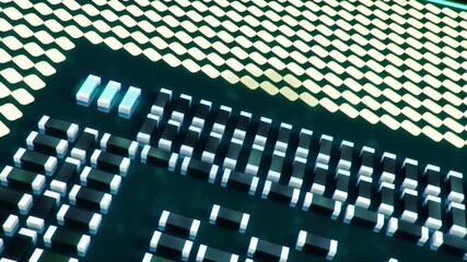 Poster - technological background with cpu and circuit board. flying cpu and installation in center circuit b