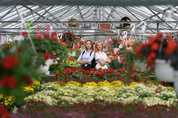 Two women posing in a greenhouse between hundreds of flowers