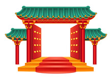 Entrance, Chinese Gate With Green Bamboo Roof Isolated Temple With Decorative Columns And Pillars. Pagoda Building, Open Door And Red Carpet. Japanese House, Ancient Oriental Palace, Asian Pavilion