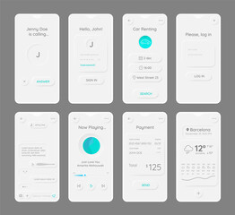 Set of modern trendy smoothy responsive mobile UI app templates with smartphone mockups. Neomorphism