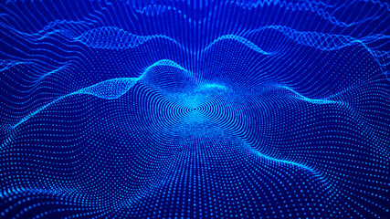 Poster - Abstract gradient dynamic wave of glowing particles. Network of neon dots. Big data. Digital background. 3d rendering