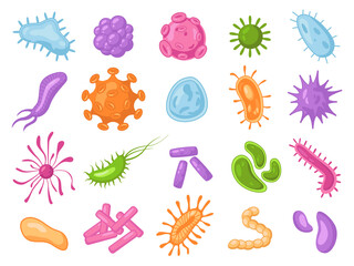 set of angry bacteria, microbes and germs isolated. vector biological viruses, oblong bacterial path