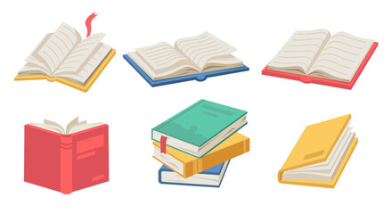 Aufkleber - Textbooks with bookmarks and pages, isolated icons of stack of open books. Literature for leisure and magazines for educational purposes. Catalogs and journals, diary for writing vector in flat