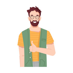 Poster - Bearded man smiling and showing thumbs up sign. Guy with gesture meaning approval, okay and like. Positive personage wearing glasses. Worker or boss of company. Cartoon character, vector in flat style