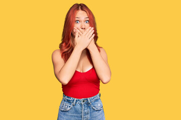 Sticker - Young redhead woman wearing casual clothes shocked covering mouth with hands for mistake. secret concept.