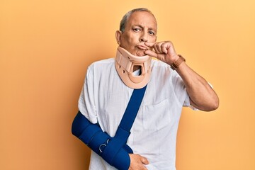 Sticker - Handsome mature senior man wearing cervical collar and arm on sling mouth and lips shut as zip with fingers. secret and silent, taboo talking