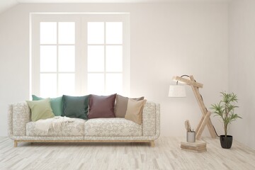 White living room with sofa. Scandinavian interior design. 3D illustration