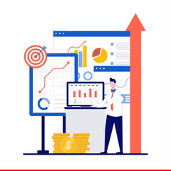 Poster - business growth concept with character. businesspeople trading and building to success. finance and 
