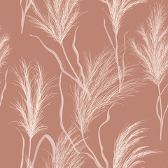 Wall Mural - Watercolor floral autumn background. Dry pampas grass seamless vector pattern. Boho fall texture illustration