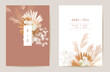 Wedding dried lunaria, orchid, pampas grass floral vector card. Exotic dried flowers, palm leaves boho invitation