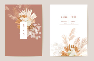 Poster - Wedding dried lunaria, orchid, pampas grass floral vector card. Exotic dried flowers, palm leaves boho invitation