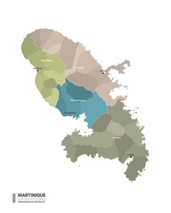 Martinique higt detailed map with subdivisions. Administrative map of Martinique with districts and cities name, colored by states and administrative districts. Vector illustration.