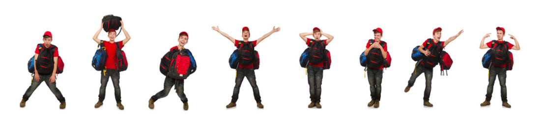 Wall Mural - Young traveller with backpack isolated on white