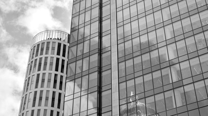 Abstract modern architecture with high contrast black and white tone. Architecture of geometry at glass window - monochrome. Black and white.