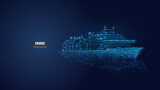 Digital low poly 3d cruise ship in dark blue. Travelling by sea, ocean voyage, business, cruise or holiday concept. Abstract vector wireframe of passenger liner with lines, dots, stars and particles