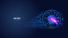 Digital Low Poly 3d Speedometer In Dark Blue. High Speed, Sport Car Speedometer Or Racing Game Concept. Abstract Vector Mesh Image Of Speed Indicator With Connected Dots, Shapes And Glowing Particles
